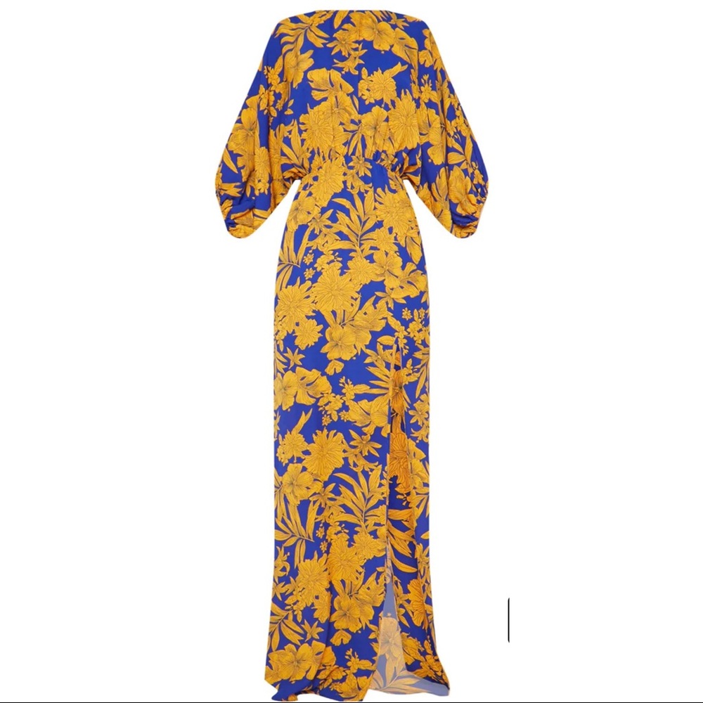 Cobalt Tropical Print Batwing Sleeve Split Leg Maxi Dress